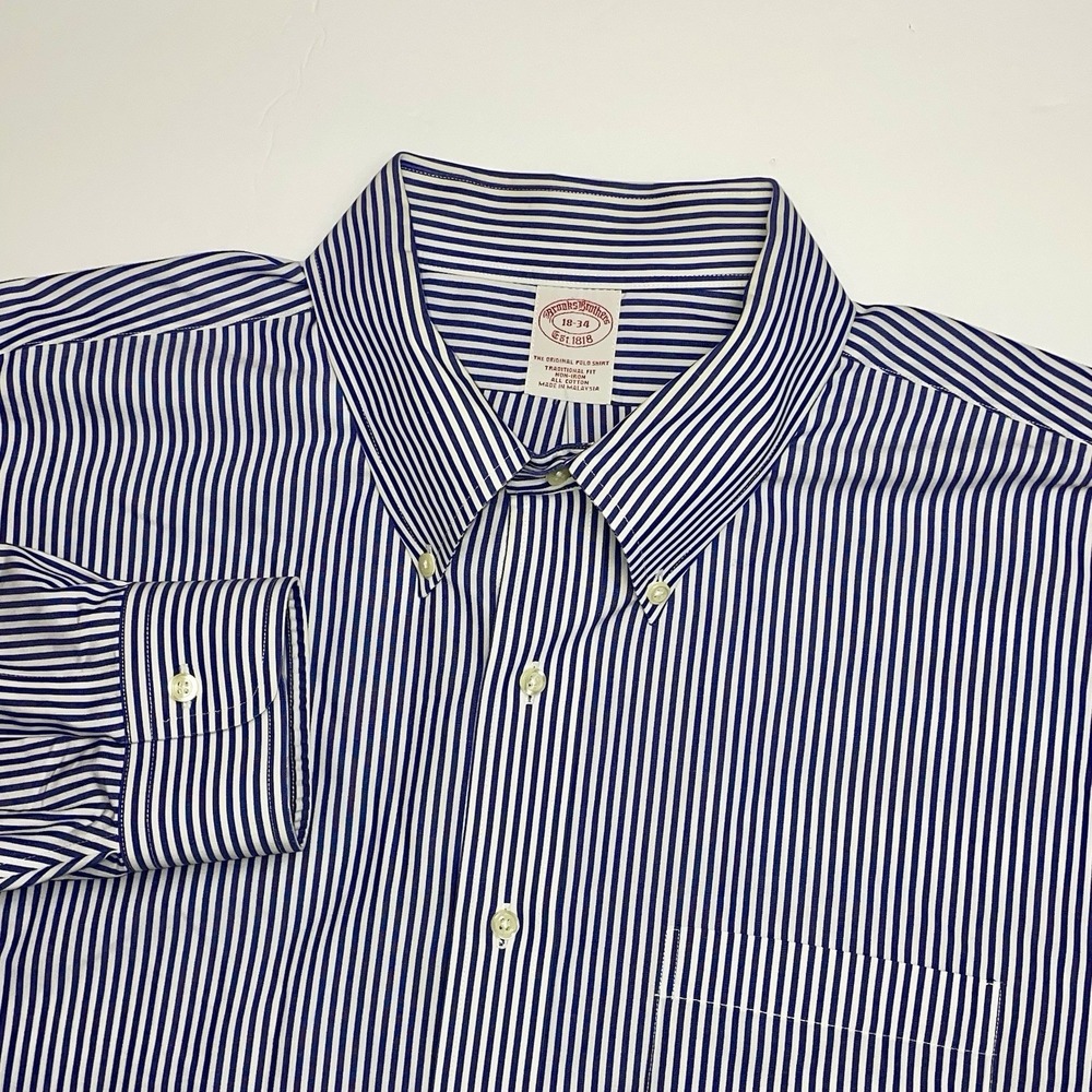 Brooks Brothers Dress Shirt Mens 18 32 Blue/Purple White Striped Traditional Fit